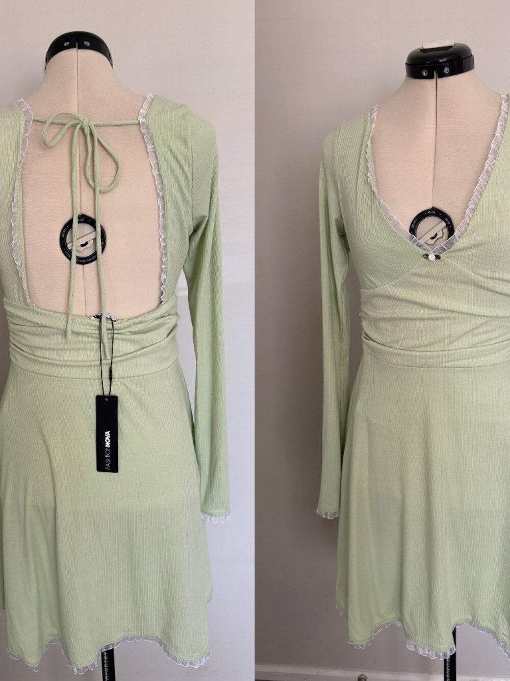 Fasion Nova green long-sleeve mini dress featuing an open back,size M